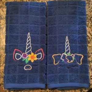 Set of 2 navy blue unicorn face hand towels